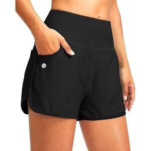 Gradual Women Black High Waisted Swim Shorts with Pockets Built-in Brief Size M